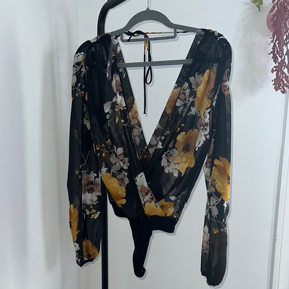 Windsor Black and Yellow Floral Sheer Bodysuit